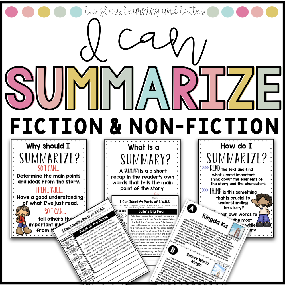 Summarizing Fiction Text Anchor Charts & Interactive Notebook