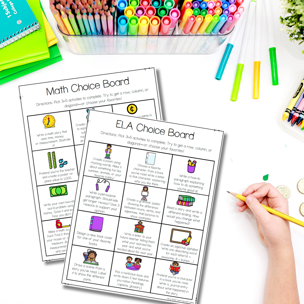Images of math and ELA choice boards for the end of the year.