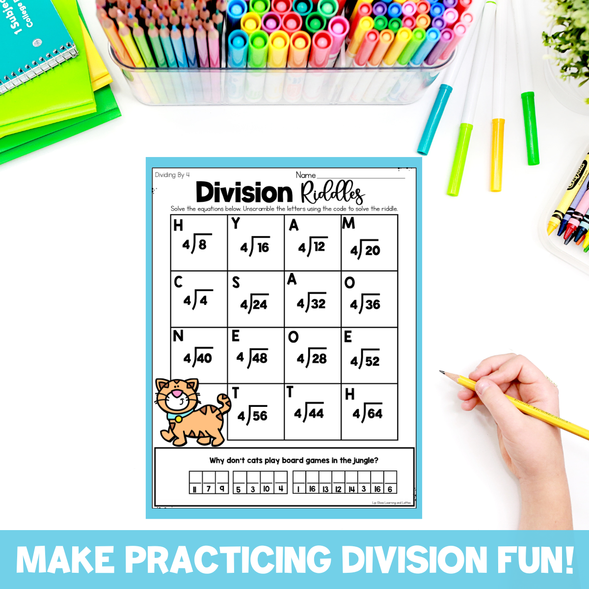 Image of basic division riddle worksheet for 3rd grade. 