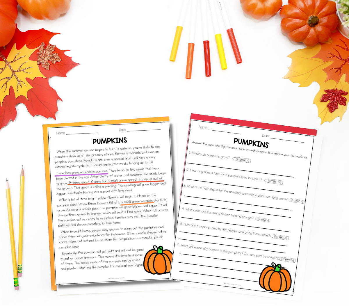 Fall reading comprehension passages and text evidence questions for 2nd grade.